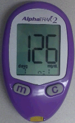 Glucometer showing a normal blood sugar level.