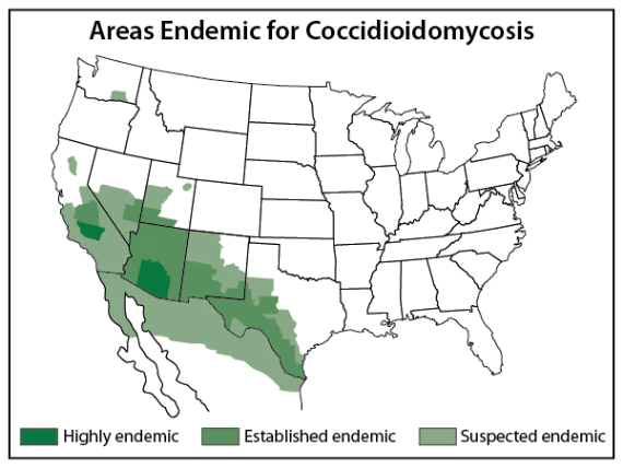 Areas shown in green indicate the prevalence of Valley Fever infections. 
